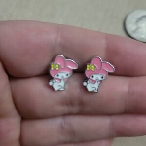 My Melody Hello Kitty Sanrio pink white & silver tone post earrings
